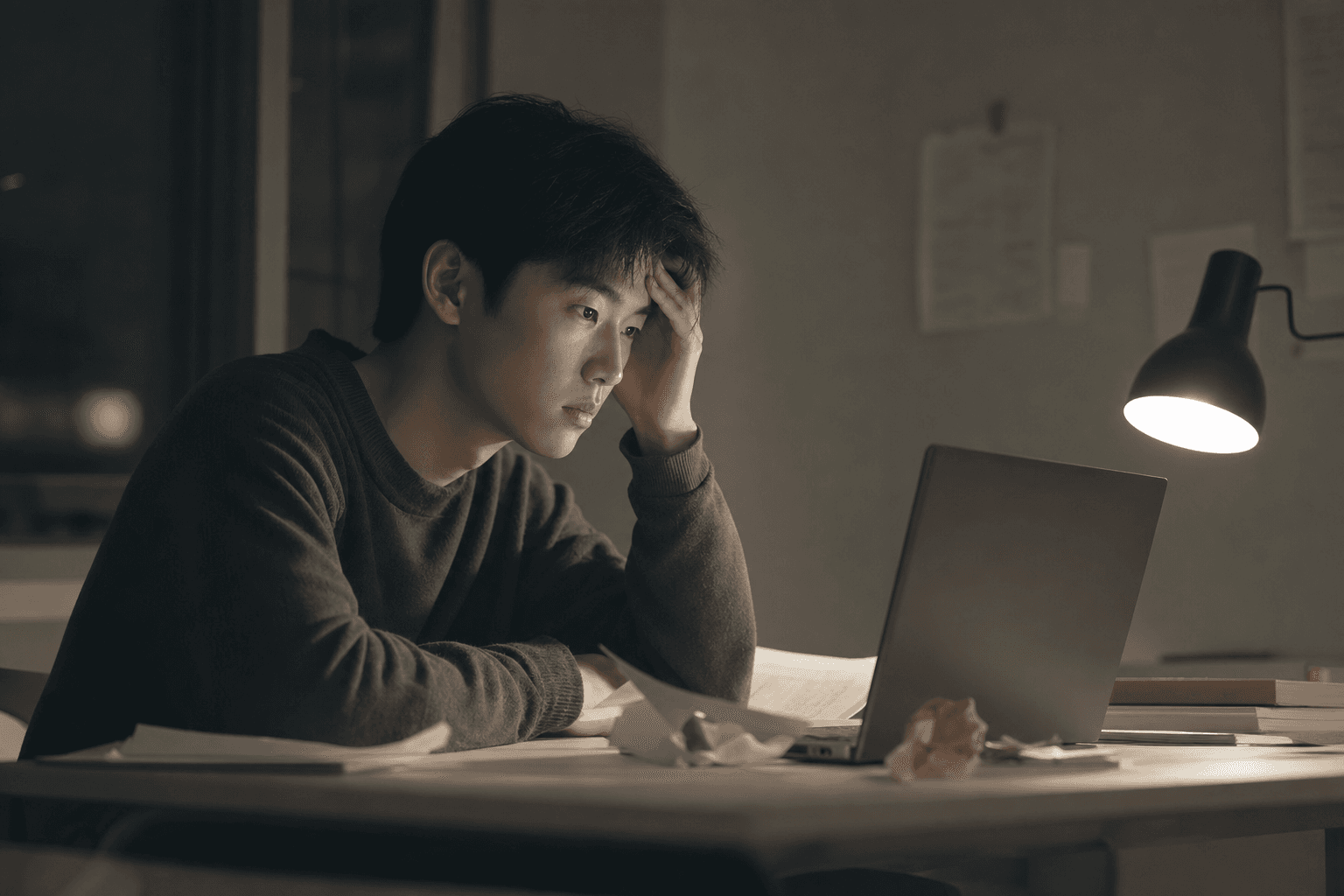 밤늦게 혼자 자소서를 붙잡고 있는 모습